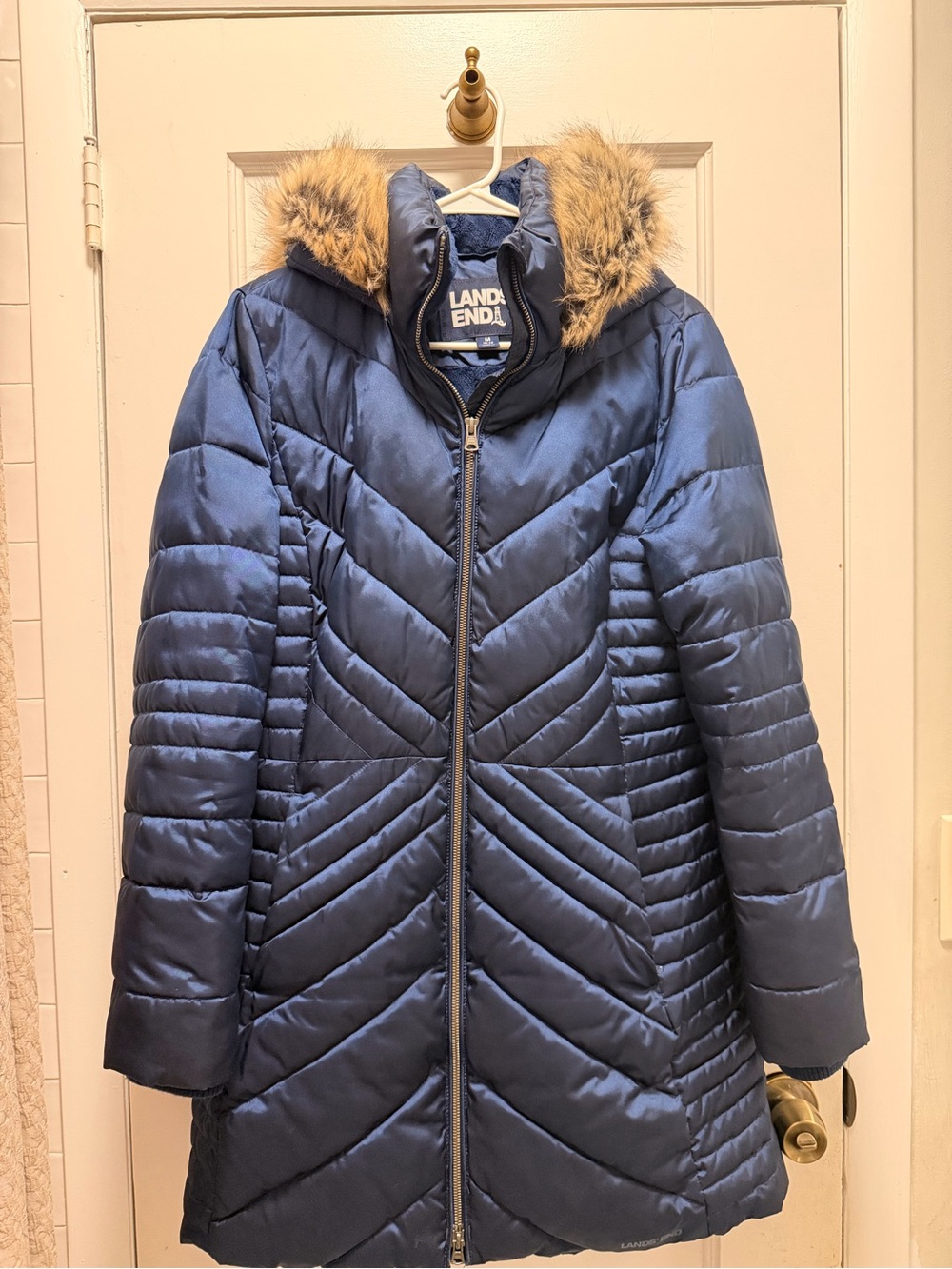 Lands' End Navy Quilted Puffer Coat with Faux Fur Trim Hood